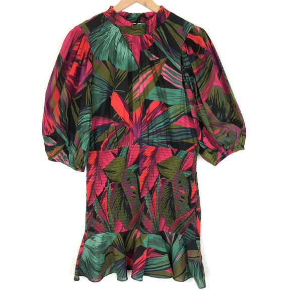 FARM RIO Midnight‎ Leaves Mini Dress Sz S Multicolor Smocked 100% Cotton EUC - Picture 1 of 13